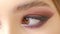 Beautiful Woman Brown eye holiday makeup. Make-up close-up. Young Woman eye macro shoot. Smokey, Smoky eyes.