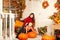 Beautiful woman with a child on the front porch with pumpkins au