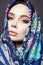 Beautiful woman in color flower veil. beauty girl in colorful hijab