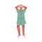 Beautiful woman in comfy pajamas standing with her hands behind her head. Girl in cozy home clothes standing cartoon