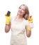 Beautiful woman doing housework in gloves with sponge isolated o