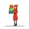 Beautiful woman dressed in a christmas hat and a red dress is holding presents. New Year sales. Vector illustration in