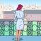 Beautiful Woman Drinking Coffee at the Balcony. Morning in the City. Pop Art illustration