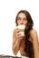 Beautiful woman drinking latte macchiato coffee lo