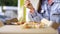 Beautiful woman eating pizza on street. Media. Woman snacking on pizza for lunch outside cafe. Young woman eats pizza on