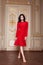 Beautiful woman in elegant dress fashionable autumn Collection of spring long brunette hair makeup tanned slim body figure ac
