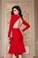 Beautiful woman in elegant dress fashionable autumn Collection of spring long brunette hair makeup tanned slim body figure ac