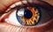 Beautiful woman epic eye, with fiery iris, closeup shot. Generative AI