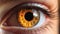 Beautiful woman epic eye, with gorgeous fiery orange iris, closeup shot. Generative AI