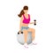 Beautiful woman exercising with two dumbbell weights sitting on the fitness ball - isolated
