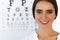 Beautiful Woman With Eye Test Chart At Ophthalmology Office