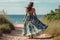beautiful woman fashion summer dress person lifestyle beach hippie sea vogue. Generative AI.