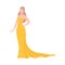 Beautiful Woman in Festive Yellow Dress, Elegant Female Celebrity Character Flat Vector Illustration