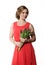 Beautiful woman with flowers tulips on a light background