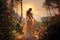 a beautiful woman in a flowing dress admiring a tropical landscape at sunset