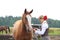 Beautiful woman getting horse ready for the riding