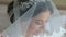 Beautiful woman getting ready for wedding day, holding veil and smiling.