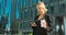 Beautiful Woman Going To Work With Coffee Walking Near Office Building Portrait Of Successful Business