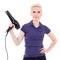Beautiful woman hair stylist posing with hairdryer isolated on w