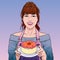 A beautiful woman with a happy cake Wear aprons for baking Illustration vector On pop art comic style Colorful soft background