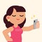 Beautiful woman happy smiling taking selfie with smartphone, vector flat illustration