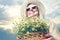 Beautiful woman in hat and with a basket of field daisies in sunny summer day.