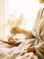 Beautiful woman having breakfast in bed, home bedroom interior with bright morning light, healthy food on cozy decorated