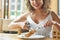 Beautiful woman having lunch at the restaurant