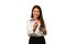 Beautiful woman holding a credit card and smartphone against white background. E-commerce, banking service, shopping