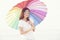 Beautiful woman holding rainbow colorful umbrella. Travel Concept