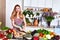 Beautiful woman housewife cook prepare in kitchen food,delicious, dietary diet recipe made from fresh natural organic vegetable f