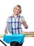 Beautiful woman housewife ironed clothes and showing thumbs up