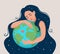 Beautiful woman hugs Earth globe with love