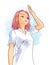 Beautiful woman illustration, standing and raise her hand to block out bright glare and sunlight in summer day.