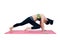 Beautiful woman indoor exercising using pink yoga mat