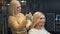 Beautiful woman with long hair doing professional evening hairdress in a beauty salon