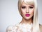Beautiful  woman with long white straight  hairs and bright make-up