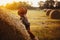 Beautiful woman looking at sunset at haystack, atmospheric tranquil moment. Stylish girl relaxing at hay bale in summer field in