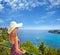 Beautiful woman looking on Valtos beach in Greece.