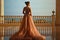 Beautiful woman in luxurious ballroom dress with tulle skirt and lacy top standing on the large balcony with sea view