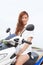 Beautiful Woman Motorcycle Young Asian Girl On Road With Motor Bike Wear White Shirt
