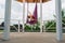 Beautiful woman with nice body and abs practicing aerial yoga