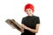 Beautiful woman, orange wig reading old book