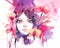 Beautiful woman with orchid flowers - watercolor fashion illustration with female portrait and pink orchids