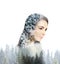 Beautiful woman and pine forest on background. Double exposure