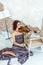 Beautiful woman playing the violin bow rose