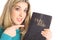 Beautiful woman pointing at the bible