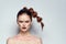beautiful woman posing scorpio sign on forehead cosmetics studio model