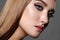 Beautiful Woman with Professional Makeup. Celebrate Style Eye Make-up, Perfect Eyebrows, Shine Skin. Bright Fashion Look