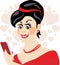 Beautiful woman received a romantic message on the mobile phone. Cartoon